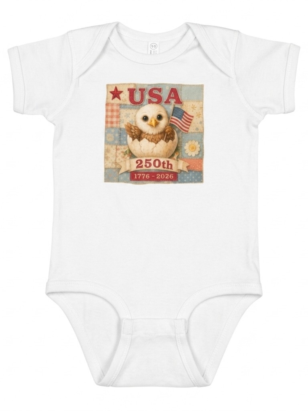 NWT Rabbit Skins White Baby Bodysuit with USA Chick 250th Graphic, Size 12 Mos.
